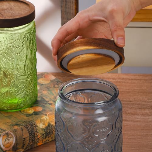Glass Mason Jars with Airtight lids Decorative Vintage Food Storage Container with Embossed Crabapple Blossom Clear Green Kitchen Canister for Coffee Tea Cookie (Blue Floral, Small) - view 4