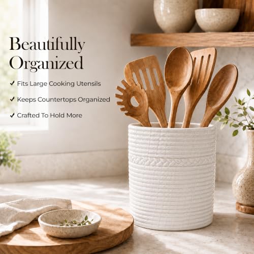 Large Ceramic Utensil Crock, Matte White Porcelain Countertop Holder