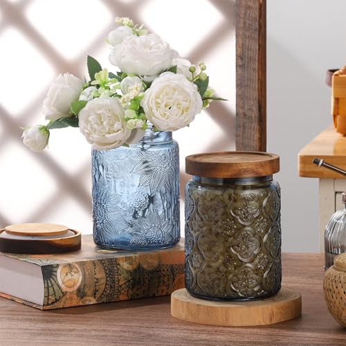 Glass Mason Jars with Airtight lids Decorative Vintage Food Storage Container with Embossed Crabapple Blossom Clear Green Kitchen Canister for Coffee Tea Cookie (Blue Floral, Small) - view 3