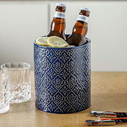 Kitchen Utensil Holder, Large Utensil Holders for Countertop, 6 x 7 Inches Ceramic Utensil Crock, Deep and Stable, Cooking Utensil Holder, Embossed Pattern (BLue) - view 6