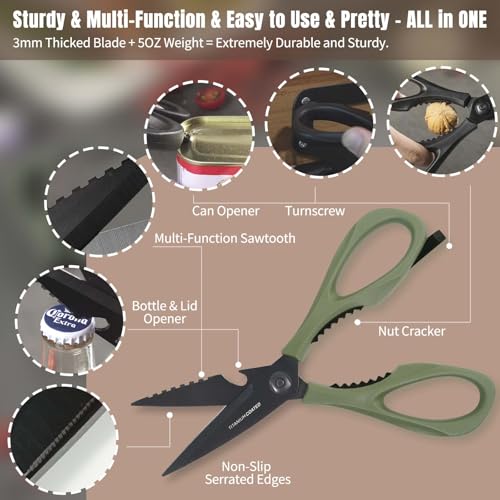 Kitchen Scissors All Purpose, Extra Sharp Kitchen Shears with Knife Sharpener & Sheath, Solid & Durable Stainless Steel Scissors with ANTI-RUST Black Titanium Plated, Dishwasher Safe – Green - view 6