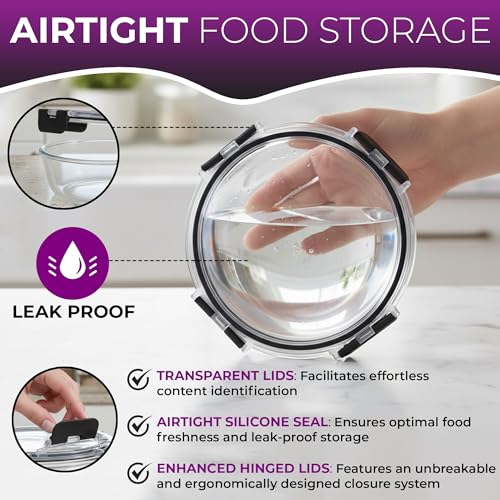 Glass Food Storage Containers Bowls with Airtight Snap Locking Lids for Meal Prep Leftovers Baking Lunch Boxes Dish (Black, 22oz Round 4 Pack) - view 4