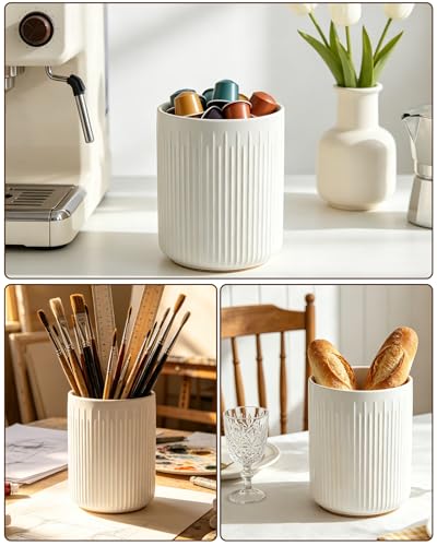 6.5" Utensil Holder, Ceramic Kitchen Utensil Holder for Countertop with Protection Cork Bottom, Stable Cooking Utensil Crock, Vintage Farmhouse kitchen Decor, White - view 4