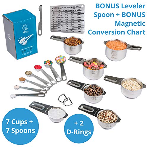 Measuring Cup and Spoon Set, 16 Pieces, Stainless Steel with Leveler and Chart