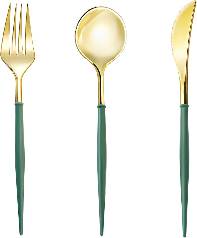 Disposable Spoons, Forks and Knives Set, 90 Pieces, Gold Plastic