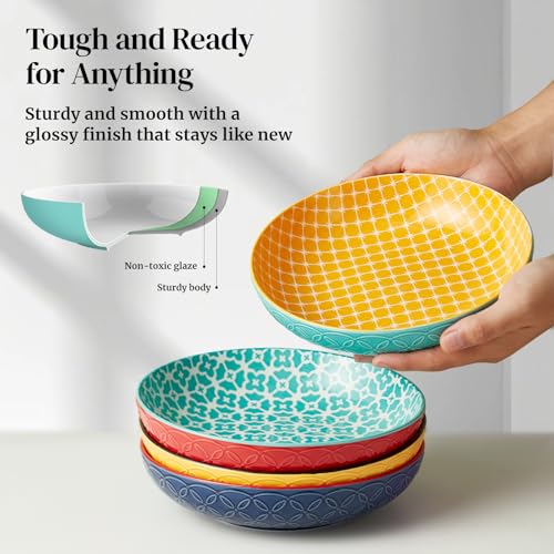 8.5" Vibrant Pasta, Salad & Soup Serving Bowls Set of 4, 35oz Embossed Large Porcelain Ceramic, Microwave & Dishwasher Safe, Bonita Design Perfect for Daily Dining, Family Gatherings, Party - view 4