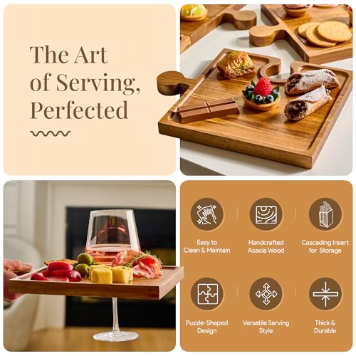 Wooden Charcuterie Boards, Appetizer Tray for Parties & Cutting Board with Handle, Set of 4, Acacia Wood Board, Wine Gifts, Wine Accessories, Interlocking Puzzle Serving Tray w/Storage Box - view 6