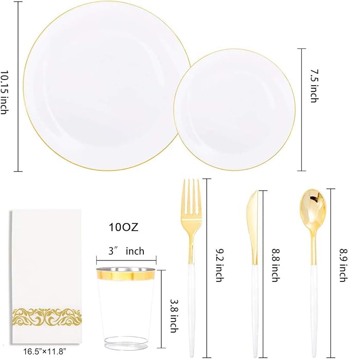 Disposable Plates Set, 350 Pieces, Gold Rim White Plastic for 50 Guests