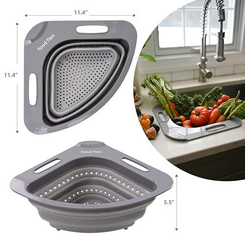 Collapsible Corner Colander for Sinks, 3.5 Qt Grey, Folds Under 2 Inches