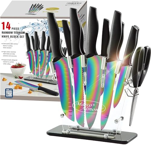 Knife Block Set,14-Piece Rainbow Color Stainless Steel Knife Sets for Kitchen with block, KYA35 Chef Cooking Knives Set with Acrylic Stand