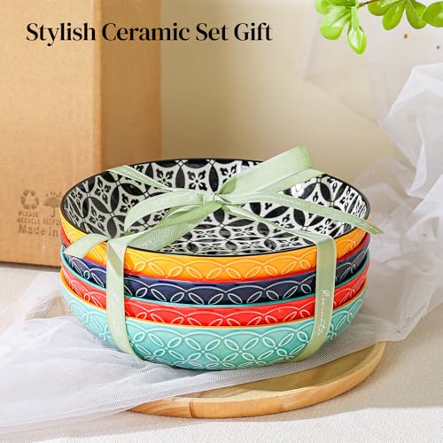 8.5" Vibrant Pasta, Salad & Soup Serving Bowls Set of 4, 35oz Embossed Large Porcelain Ceramic, Microwave & Dishwasher Safe, Bonita Design Perfect for Daily Dining, Family Gatherings, Party - view 6