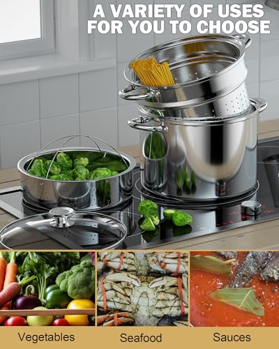 Pasta Cooker Steamer Pot Set, 8 Quart Stainless Steel with Glass Lid