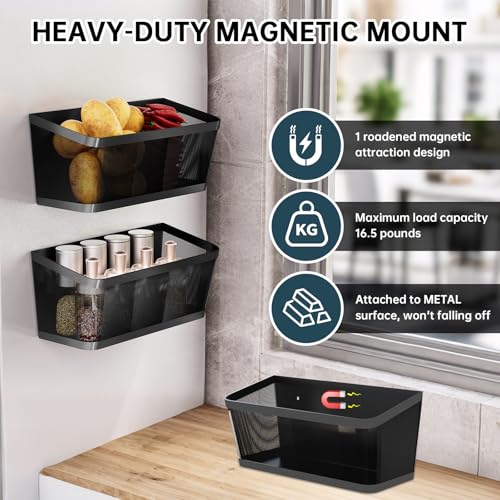 Magnetic Fridge Spice Rack 2-Pack, Black Iron Mesh Wire Basket