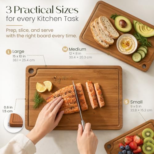 Bamboo Cutting Board Set, 3 Reversible Boards with Juice Grooves