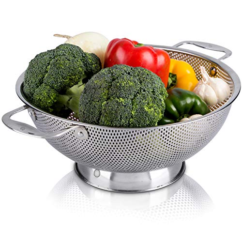 Stainless Steel Micro-Perforated 5-Quart Colander - Professional Strainer with Heavy Duty Handles and Self-draining Solid Ring Base - Dishwasher Safe