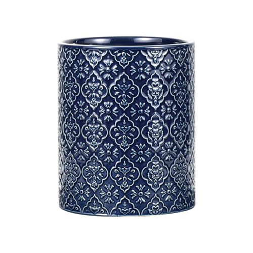 Kitchen Utensil Holder, 6x7 inch Large Ceramic Utensil Holder with Embossed Pattern, Cooking Utensil Crocks for Kitchen Countertop, Home Decor, Blue