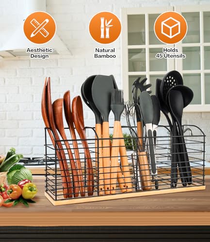 Utensil Holder for Kitchen Counter, Black Steel and Bamboo, 4 Compartments