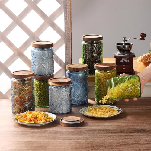 Glass Mason Jars with Airtight lids Decorative Vintage Food Storage Container with Embossed Crabapple Blossom Clear Green Kitchen Canister for Coffee Tea Cookie (Blue Floral, Small) - view 5