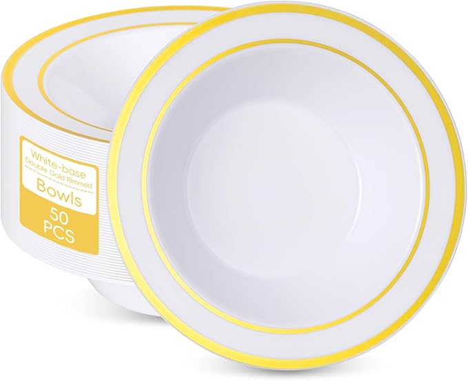 Disposable Bowls 12oz, 50 Count, White with Gold Rim