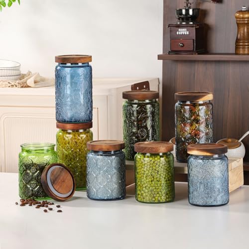 Glass Mason Jars with Airtight lids Decorative Vintage Food Storage Container with Embossed Crabapple Blossom Clear Green Kitchen Canister for Coffee Tea Cookie (Blue Floral, Small) - view 7