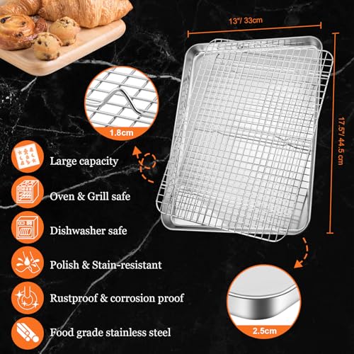 Half Sheet Baking Pan and Rack Set, 17.5 x 13 Inch Stainless Steel, 4 Pack