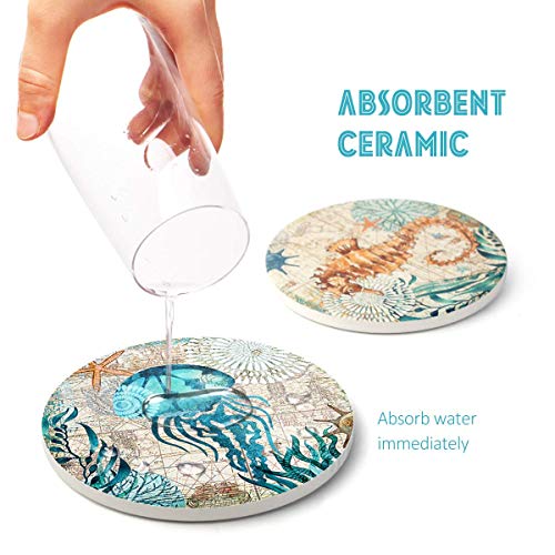 Absorbing Stone Sea Ocean Life Coasters for Drinks, Cork Base with Holder,Coastal Decor Beach Theme Tropical,for Housewarming Apartment Kitchen Bar Decor, For Wooden Table Coffee table,Set of 8 - view 6