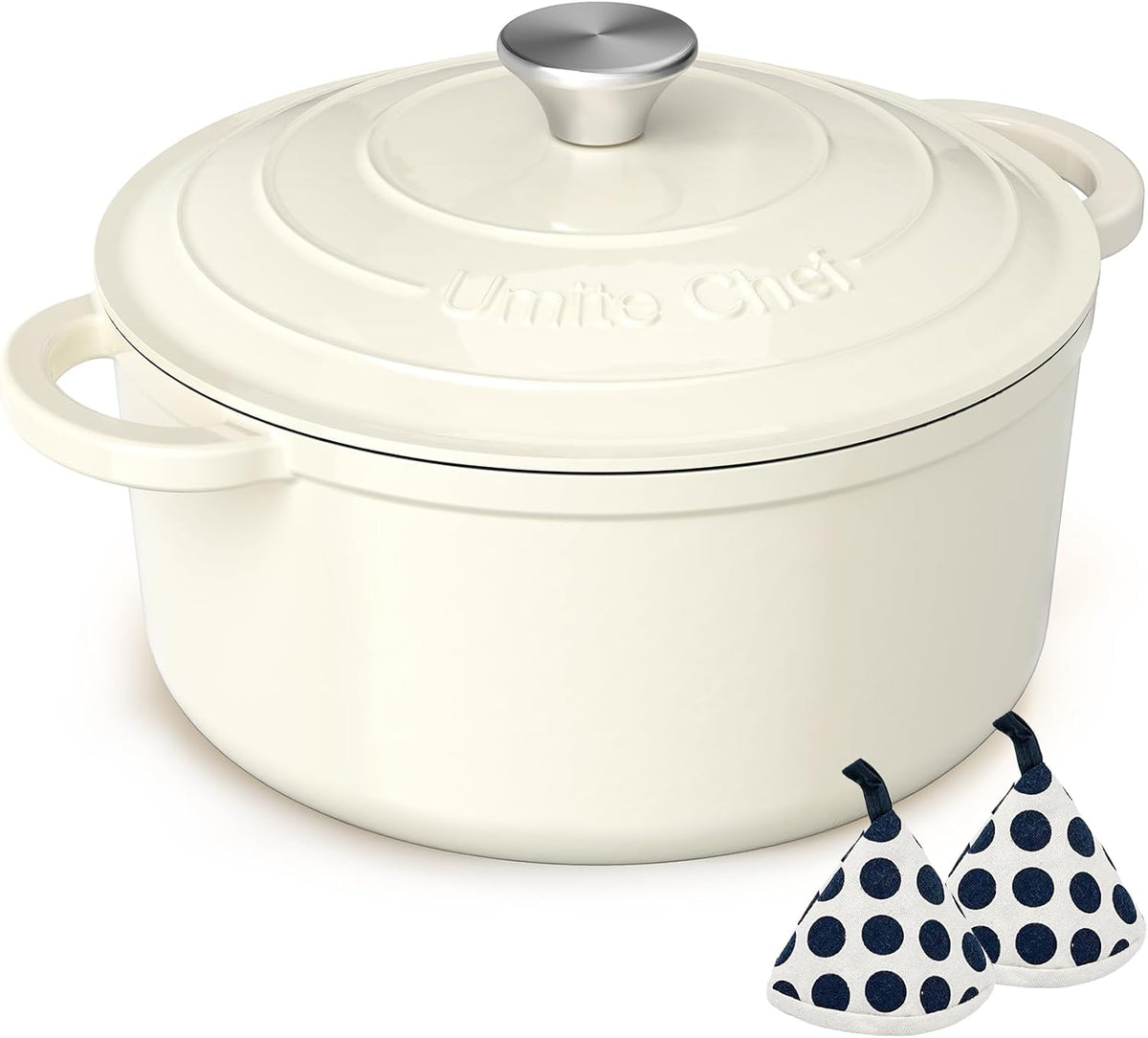 Enameled Cast Iron Dutch Oven - 5QT Pot with Lid & Cotton Potholders