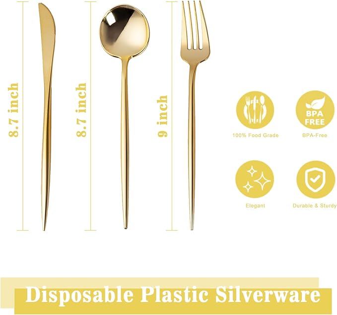 Forks: 150-Piece Gold Plastic Disposable Silverware Set, Heavy Duty