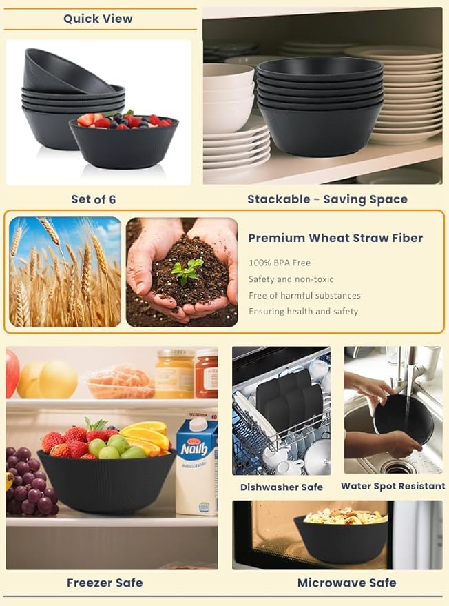 Bowl Set, 6 Pieces Black Wheat Straw Soup and Cereal Bowls