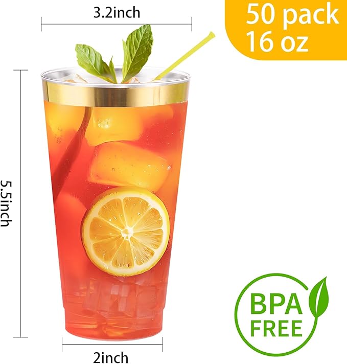 Cups, 16 oz Heavy Duty Clear Plastic with Gold Rim, 50 Count