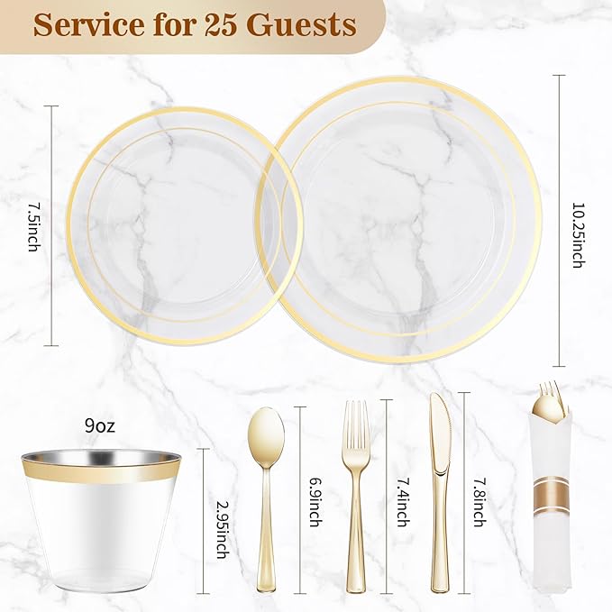 Plastic Plates Set, Clear with Gold Rim for 25 Guests