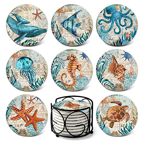Absorbing Stone Sea Ocean Life Coasters for Drinks, Cork Base with Holder,Coastal Decor Beach Theme Tropical,for Housewarming Apartment Kitchen Bar Decor, For Wooden Table Coffee table,Set of 8