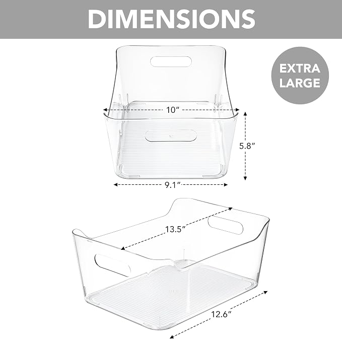 Kitchen Storage Bins, Set of 6 Clear Plastic Pantry Organizers with Handles