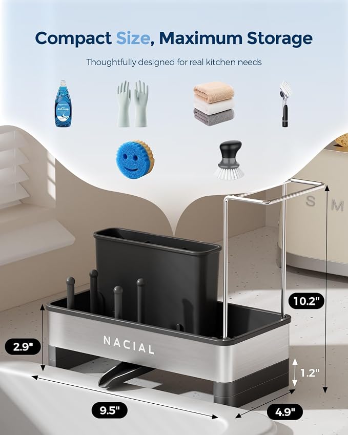 Sink Caddy Organizer, 304 Stainless Steel with Brush Holder and Towel Racks
