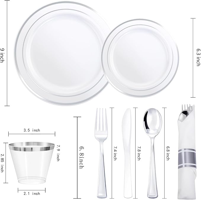 Party Plates Set for 50 Guests in White and Silver Hard Plastic