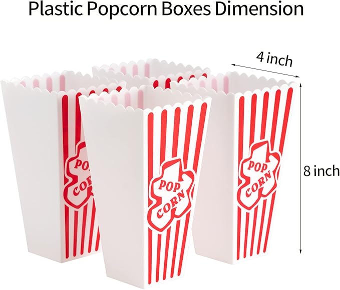 Snack Bowls: 4 Red and White Striped Plastic Popcorn Containers, 34 oz
