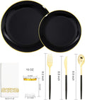Plates Set, 350 Pieces, Black Plastic with Gold Accents