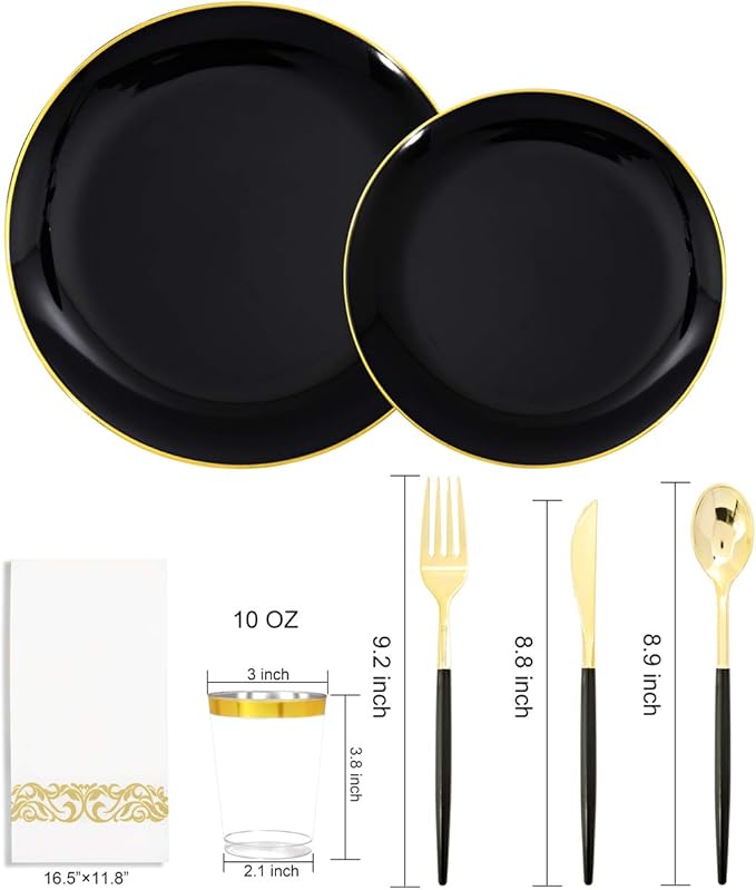 Plates Set, 350 Pieces, Black Plastic with Gold Accents