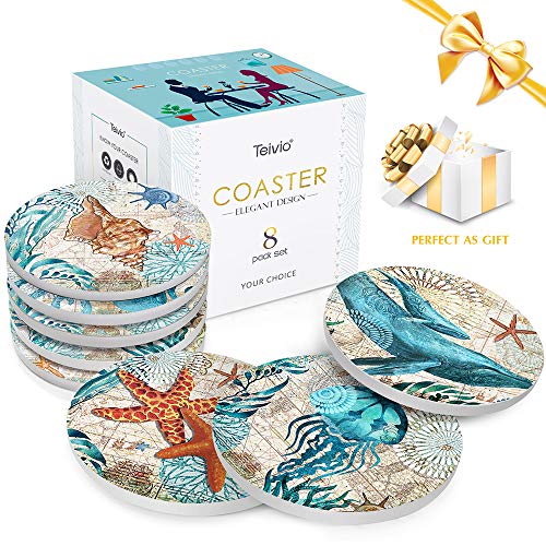 Ceramic Coasters Set of 8 with Cork Base and Iron Holder, 4-Inch Round