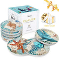 Ceramic Coasters Set of 8 with Cork Base and Iron Holder, 4-Inch Round