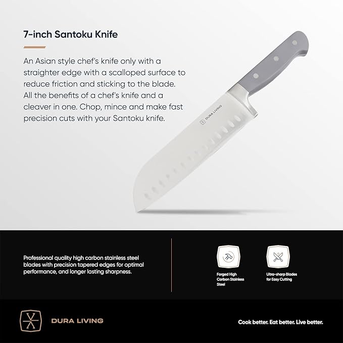 DURA LIVING Chef's Knife Set, 4 Piece Cutlery Knife Set, Superior Forged High Carbon Stainless Steel Ultra Sharp 8 Inch Chef, 7 Inch Santoku, 5 Inch Utility, 3.5 Inch Paring Knives, Grey