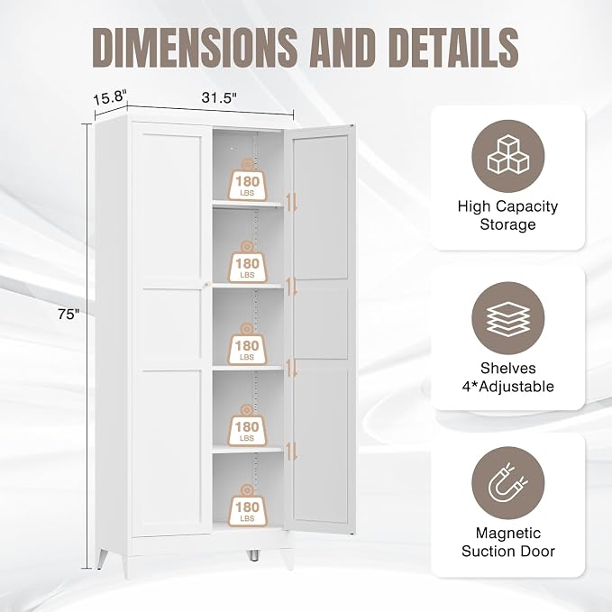 Pantry Cabinet, 75 in Metal with 2 Doors and 4 Adjustable Shelves, White