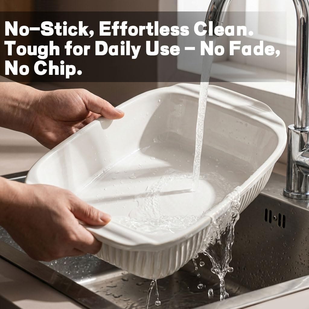 5.1 Qt Ceramic Casserole Dish with Lid, Deep Baking Dish, White – another angle