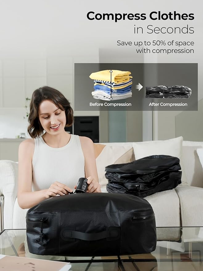 Vacuum Bags for Travel with Wireless Pump, 180° Open Zipper, IP67 Waterproof, Reusable Space Saver Compression Bags for Backpack, Suitcase, Home Storage(1 Pack)