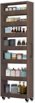 7-Tier Slim Storage Cart, Wooden Rolling Pantry Cabinet with Wheels, Narrow Shelf Organizer for Kitchen, Bakers Rack, Dining Room, Closet, Small Spaces Gray 73.2" H*9.8" W*23.6" D