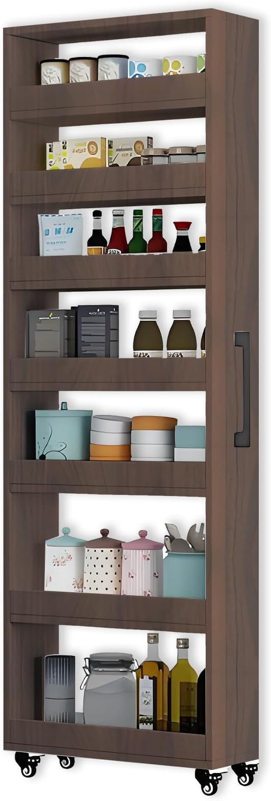 7-Tier Slim Storage Cart, Wooden Rolling Pantry Cabinet with Wheels, Narrow Shelf Organizer for Kitchen, Bakers Rack, Dining Room, Closet, Small Spaces Gray 73.2" H*7.8" W*23.6" D