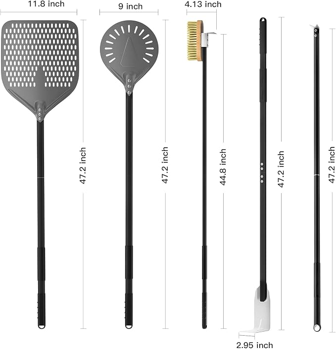 Pizza Peel Set: 5-Piece Aluminum Kit with Brush, Rake and Fork