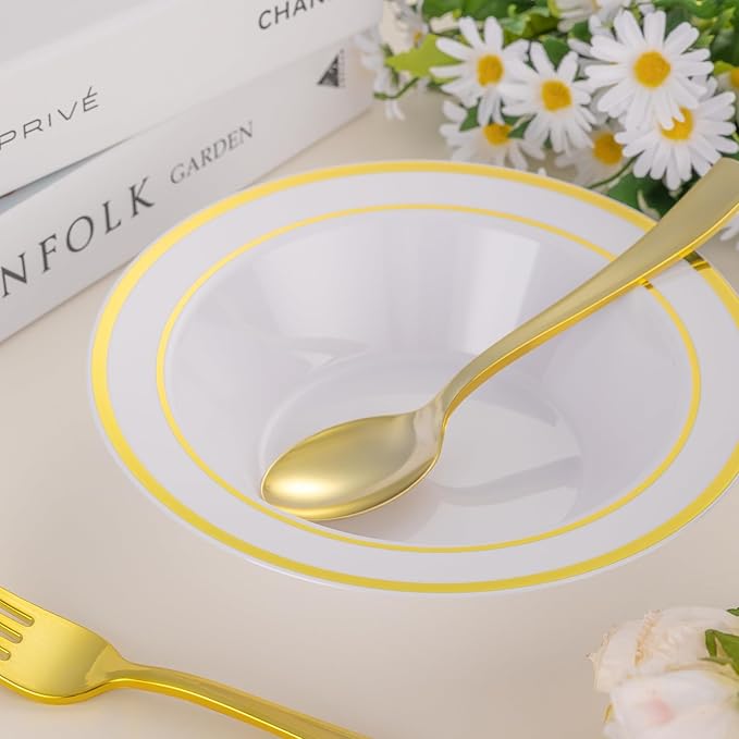 Disposable Bowls 12oz, 50 Count, White with Gold Rim