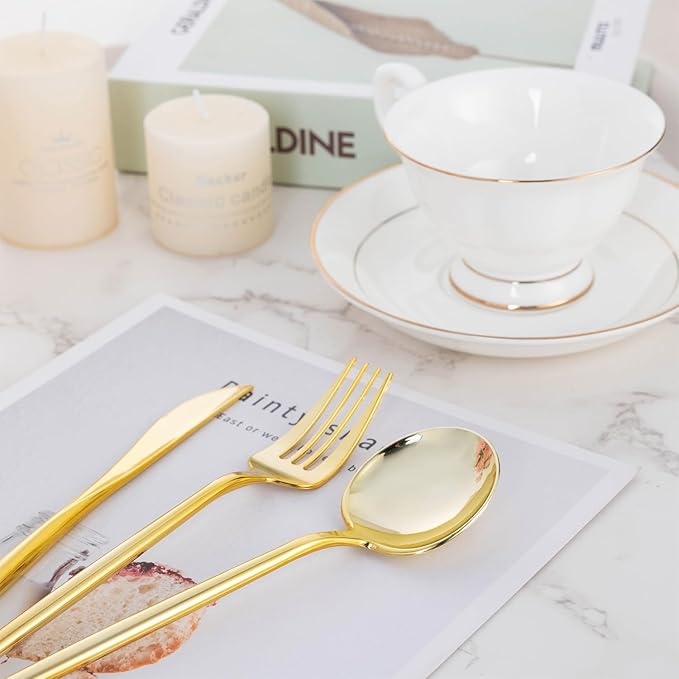 Forks: 150-Piece Gold Plastic Disposable Silverware Set, Heavy Duty