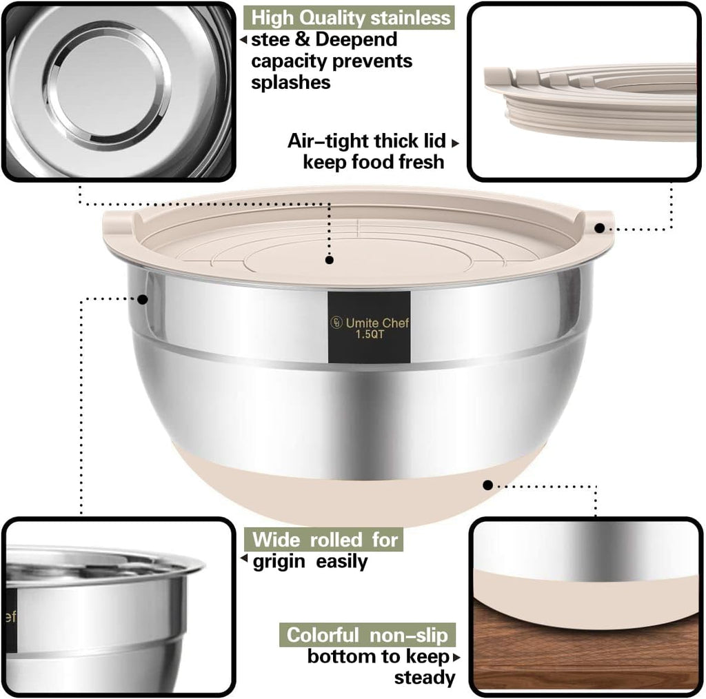 Mixing Bowls with Airtight Lids, 6 piece Stainless Steel Metal Nesting Storage – features